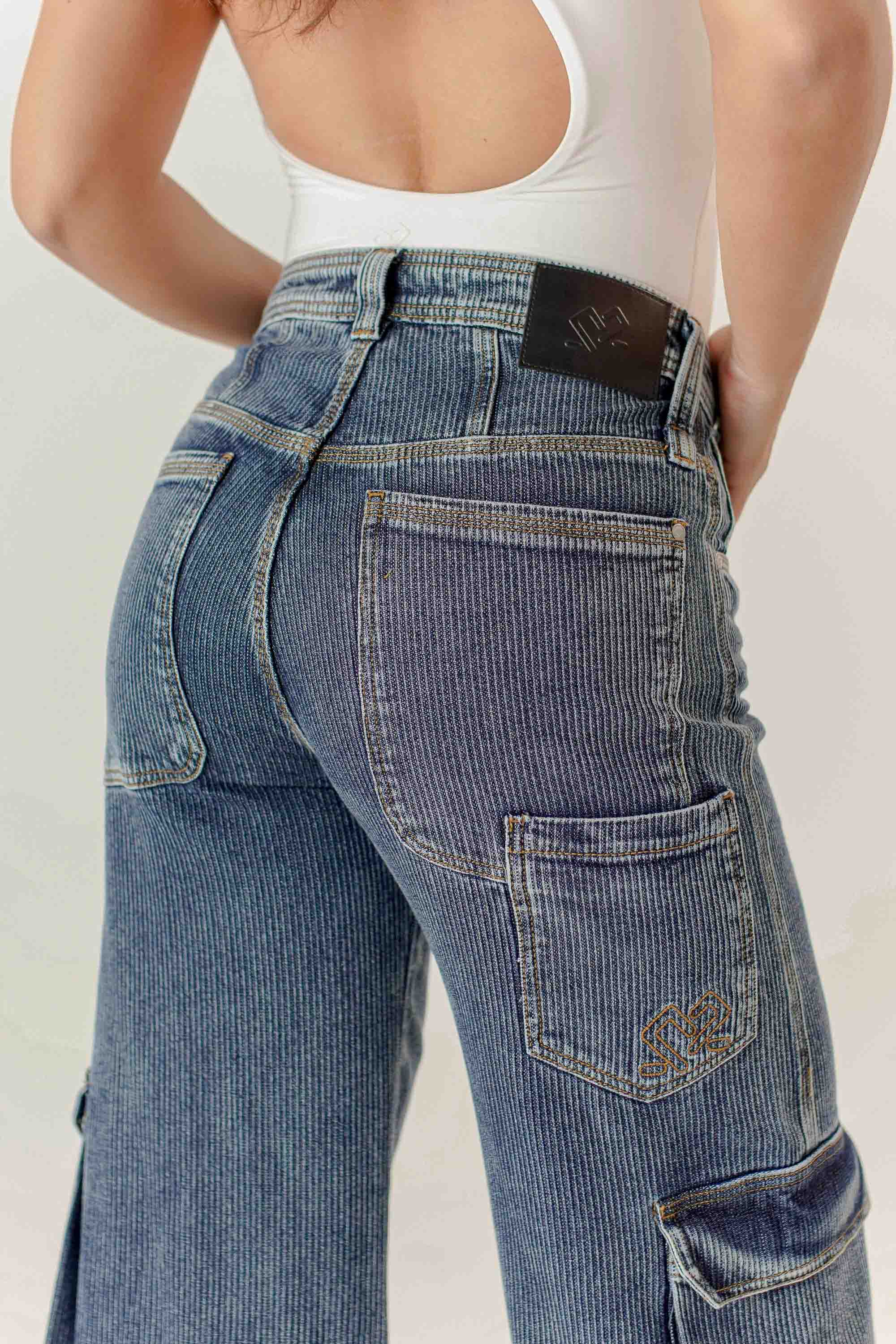 Ribbed Cargo Jean Wide Leg Dama