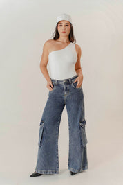 Ribbed Cargo Jean Wide Leg Dama