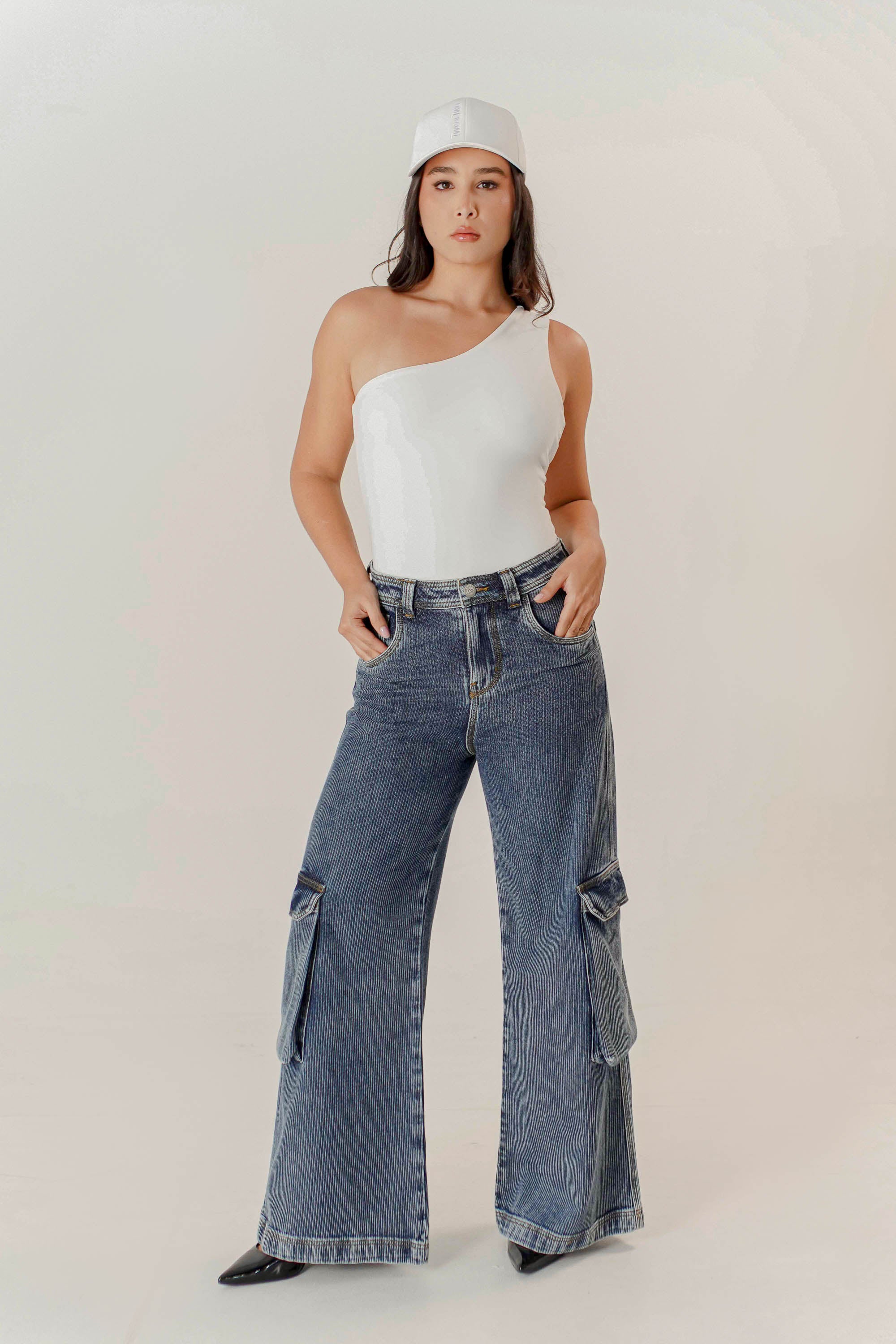 Ribbed Cargo Jean Wide Leg Dama