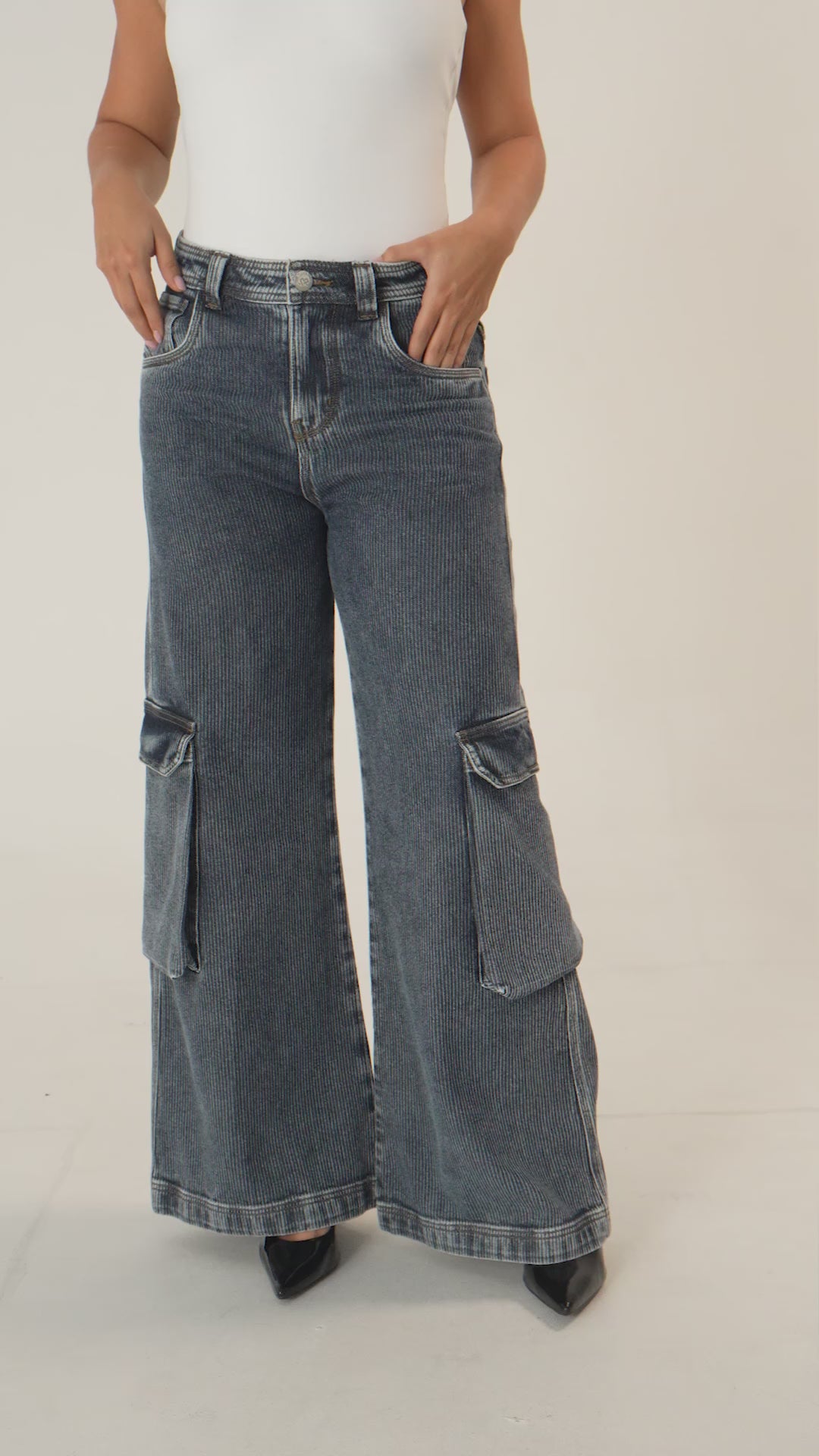 Ribbed Cargo Jean Wide Leg Dama